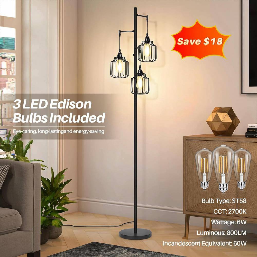 Black Industrial Dimmable Metal Torchiere Floor Lamp with Edison Bulbs