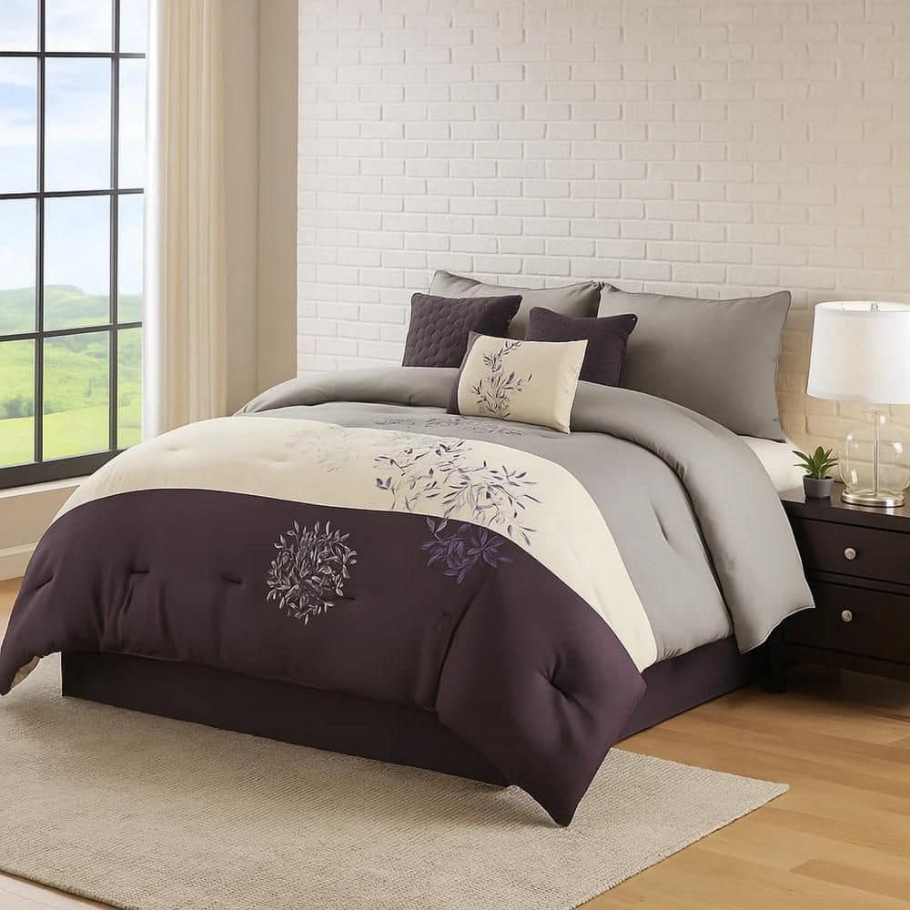 Benjara 7-Piece Purple and Gray Floral Polyester King Comforter