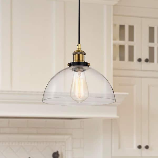 Edvivi Mateo 10 in. 1-Light Black and Antique Brass Pendant Light with Clear Dome Glass Shade