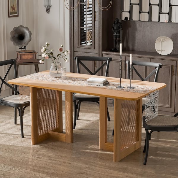 NEUTYPE Cinna Oak Color Wood 67 in. Rectangle Double Pedestal Dining Table Seats 6