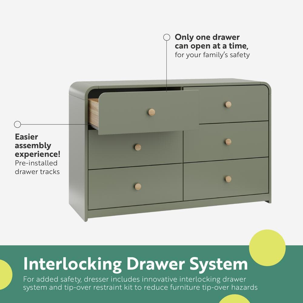 Olive Green 6-Drawer Nursery Dresser with Natural Rubberwood Knobs