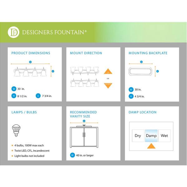 Designers Fountain - Torino 30 in. 4-Light Brushed Nickel Transitional Vanity Light with Alabaster Glass Shades