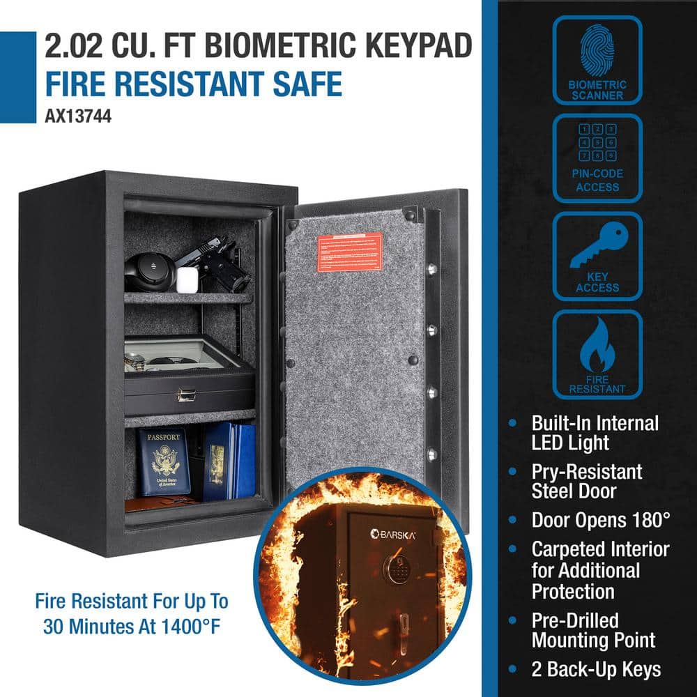 Barska Black Steel Fireproof Biometric Digital Safe - 2.02 Cu Ft