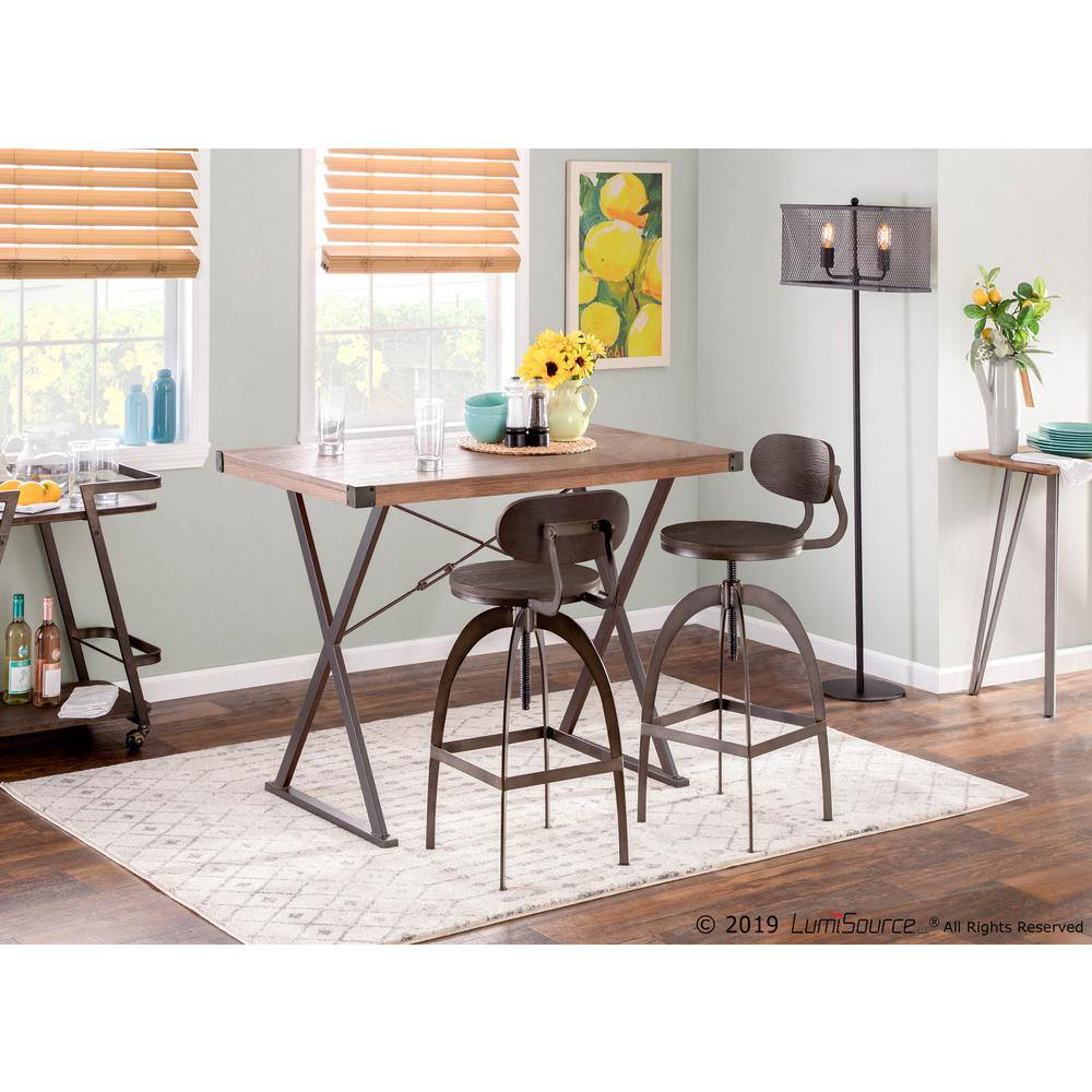 Dakota Industrial Espresso Wood and Antique Metal Adjustable Swivel Barstool