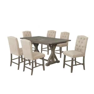 Gilberta 7-Piece Counter Height Wooden Top Dining Set with Beige Linen Fabric.