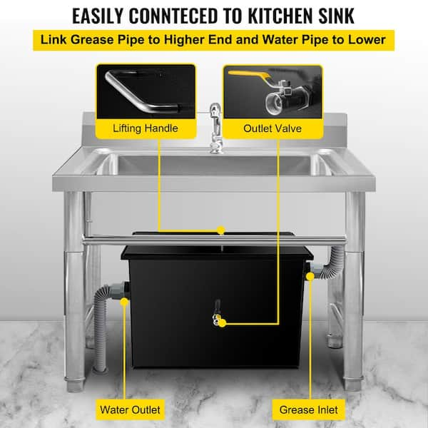 VEVOR Commercial Grease Interceptor, 13GPM Commercial Grease Trap,Stainless  Steel 25lbs Grease Trap w/ Top & Side Inlet 