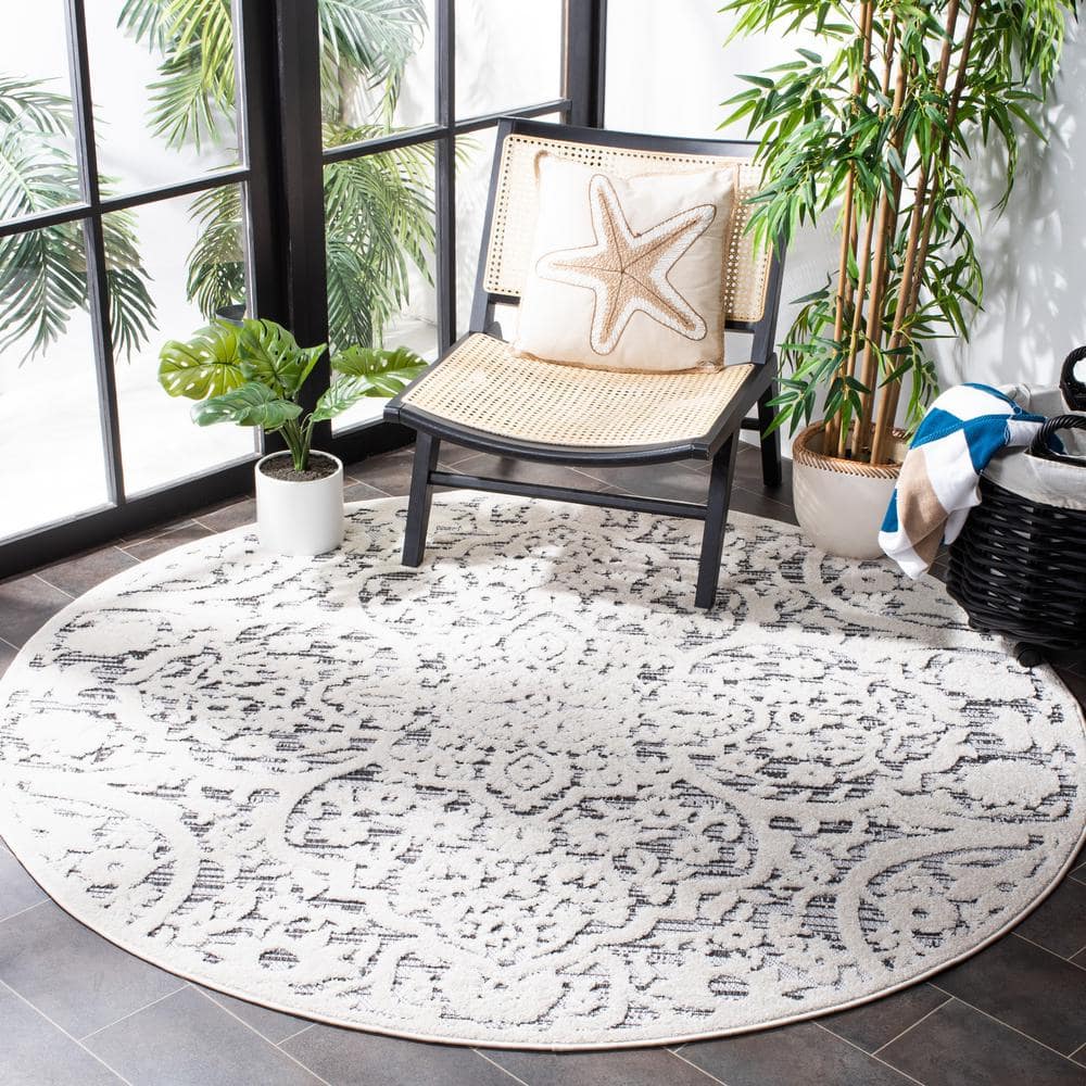 Gray Floral Round Synthetic Indoor/Outdoor Rug