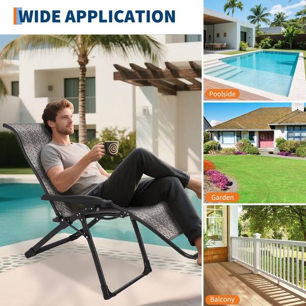 Black Steel Folding Outdoor Lounge Chair with PE Rattan Seat