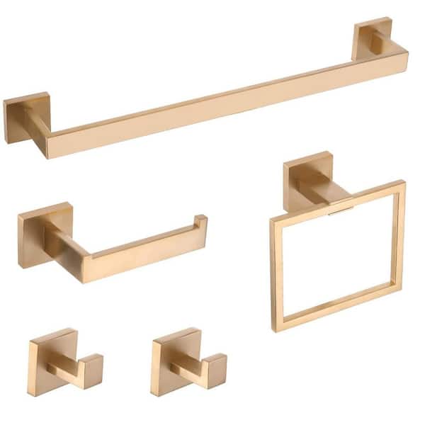 Interbath 5-Piece Bath Hardware Set with Towel Bar Toilet Paper Holder Double Towel Hook in Stainless Steel Brushed Gold