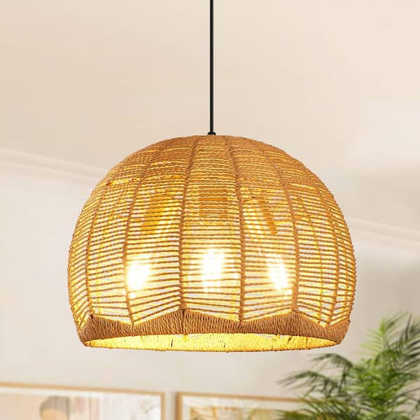 ZSMIHDOH 3-Light Natural Rattan Dome Rustic Pendant Light with Natural Shade for Kitchen Island Dining Room Living Room