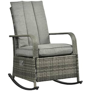 Gray PE Wicker Outdoor Rocking Chair with Gray Cushions, Patio Recliner with Adjustable Footrest and Backrest