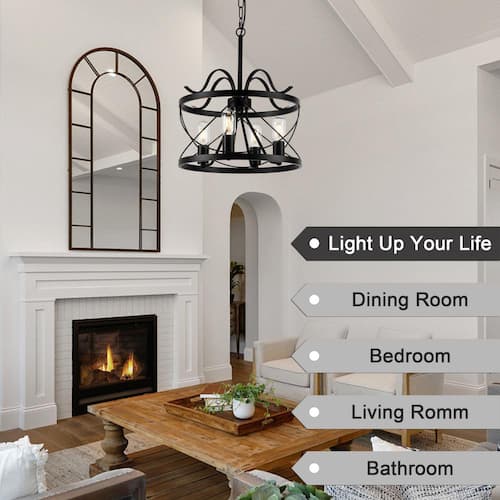 4-Light Drum Black Chandelier With Metal Accents for Kitchen