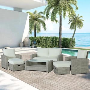 6-Piece Wicker Outdoor Chaise Lounge Set with Beige Cushions and Coffee Table for Pool Garden and Yard