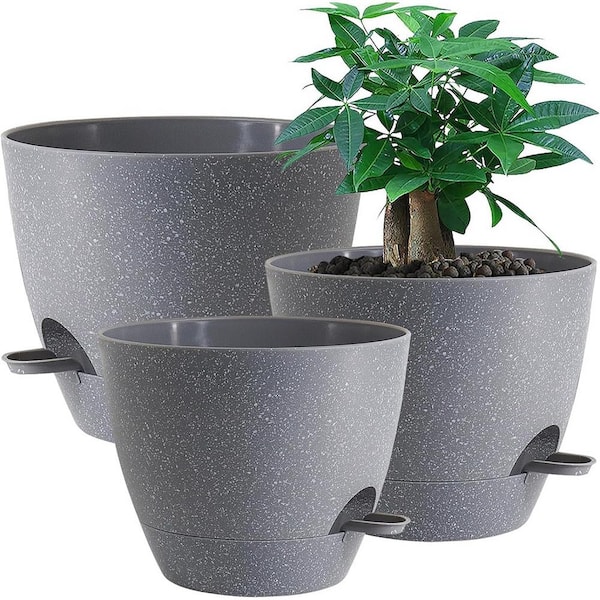 ITOPFOX Garden 12 in. L x 12 in. W x 7.5 in. H Grey Speckles Plastic Round Indoor Planter (3-Pack)