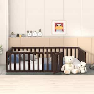 Queen Size Wood Daybed Frame with Fence, Queen Floor Bed with Door for Toddlers Kids, Box Spring Needed, Walnut