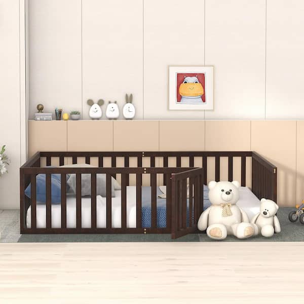 Queen Size Wood Daybed Frame with Fence, Queen Floor Bed with Door for Toddlers Kids, Box Spring Needed, Walnut