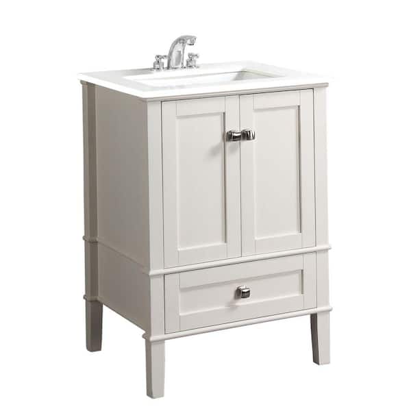 Simpli Home Chelsea 24 in. Bath Vanity in Soft White with Quartz Marble Vanity Top in White with White Basin