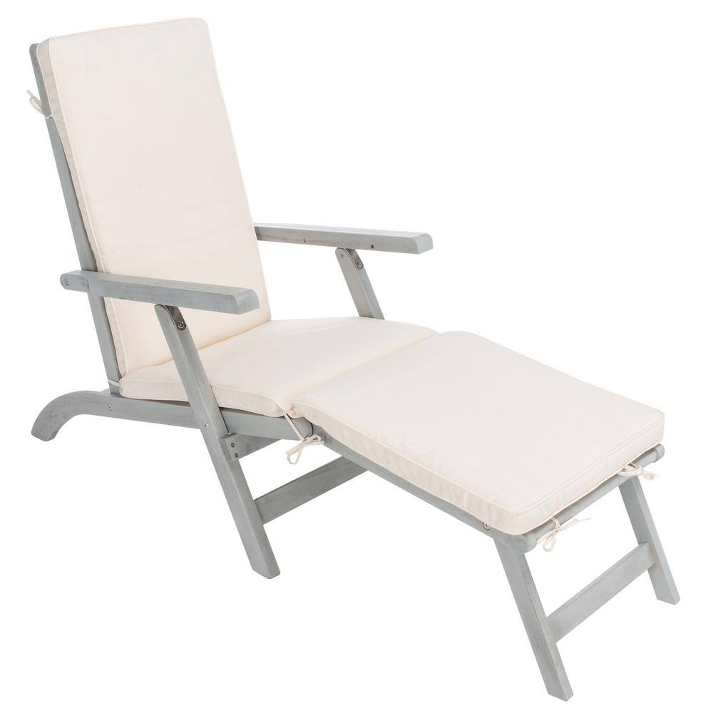 Ocean Liner Inspired 48" Grey Acacia Wood Chaise Lounge with Beige Cushion