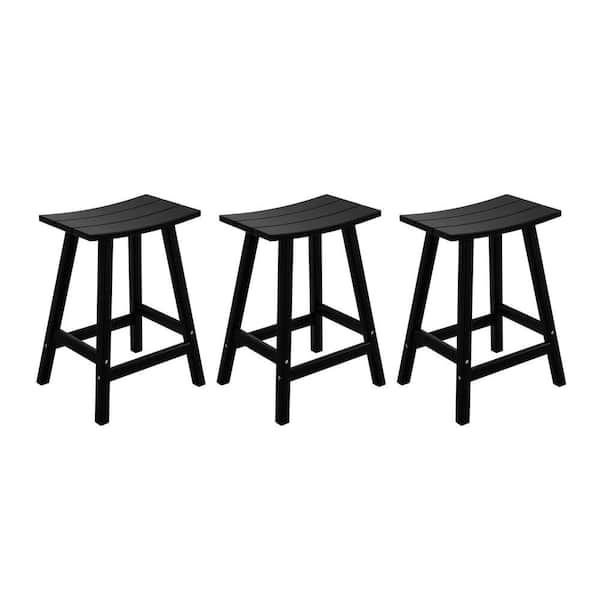 Franklin Black 24 in. Poly HDPE Fade Resistant Outdoor Patio Saddle Seat Counter Height Bar Stool (Set of 3)