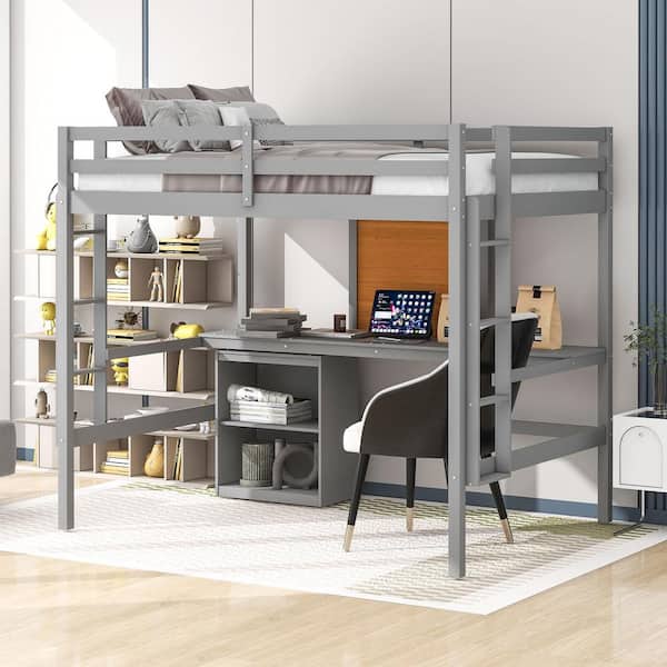 Harper & Bright Designs Gray Full Size Wood Loft Bed with Built-in Desk, Writing Board, 2 Drawers Cabinet, and 2 Ladders