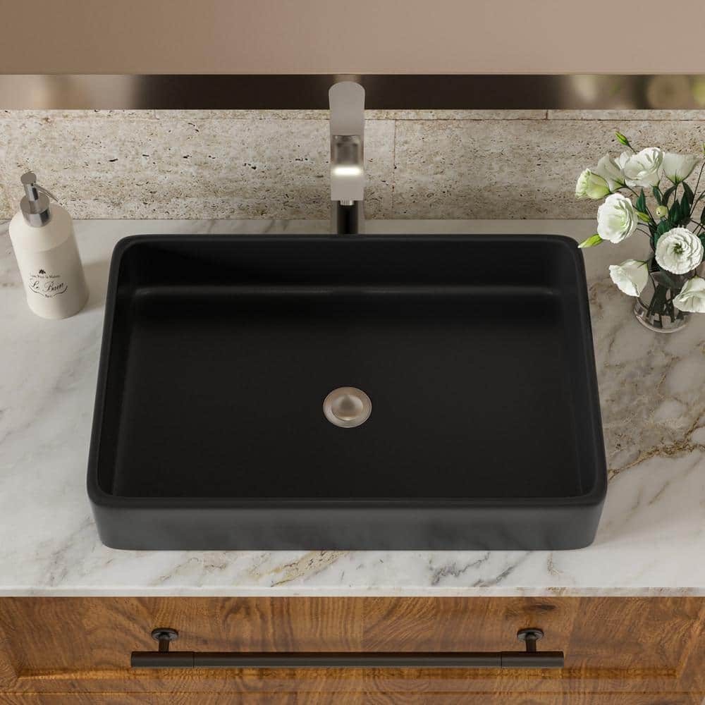 24" Black Ceramic Rectangular Vessel Bathroom Sink
