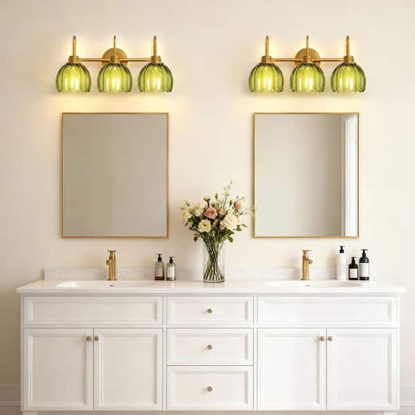 20 in. 3-Light Gold Bathroom Vanity Light, Modern Wall Light Over Mirror with Green Tulip Glass Shades for Bedroom