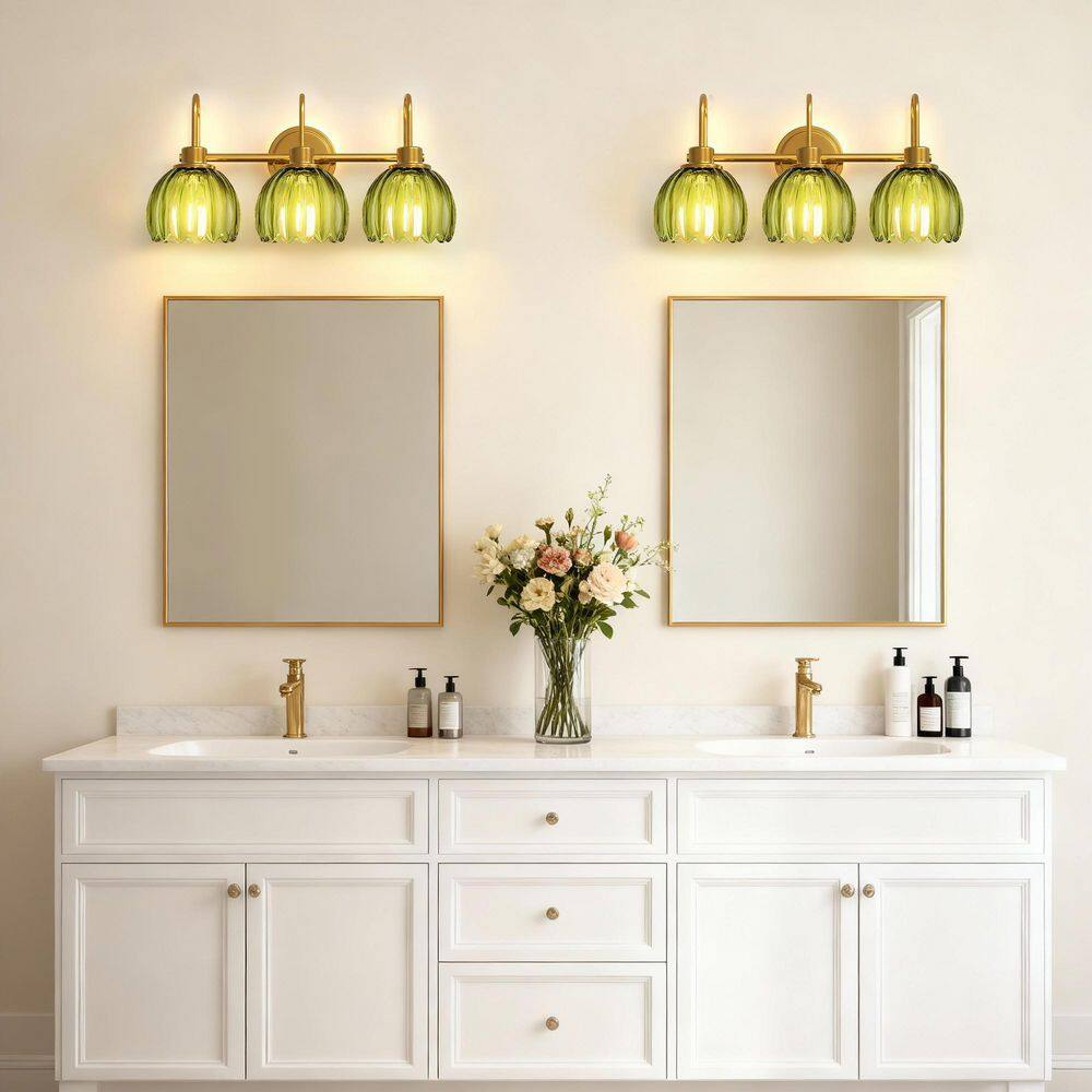 20 in. 3-Light Gold Bathroom Vanity Light, Modern Wall Light Over Mirror with Green Tulip Glass Shades for Bedroom price history on PriceWatchPro