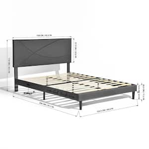 FOOTHILL Queen Platform Bed Frame with Upholstered LED Headboard, Built-in Charging Ports, Gray Geometric Design