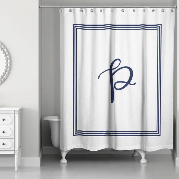 DESIGNS DIRECT 71 in. W x 74 in. L Navy Blue and White Letter P Monogrammed Fabric Shower Curtain