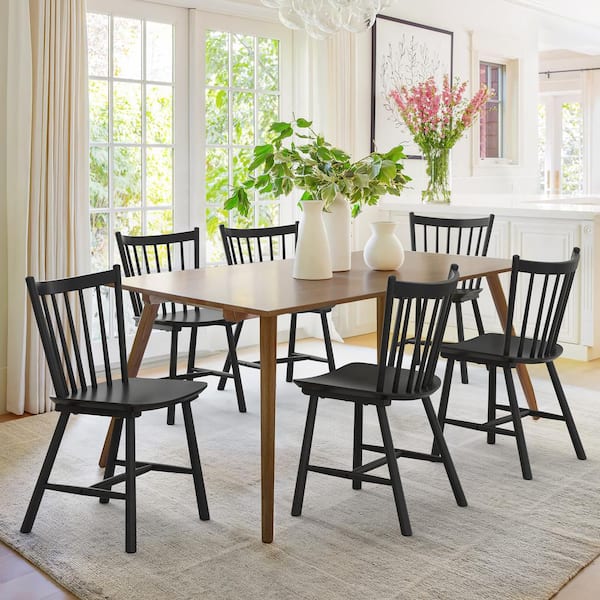 Winston Black Classic Windsor Dining Chair Solid Wood Farmhouse Dining Chair with Spindle Back Set of 6