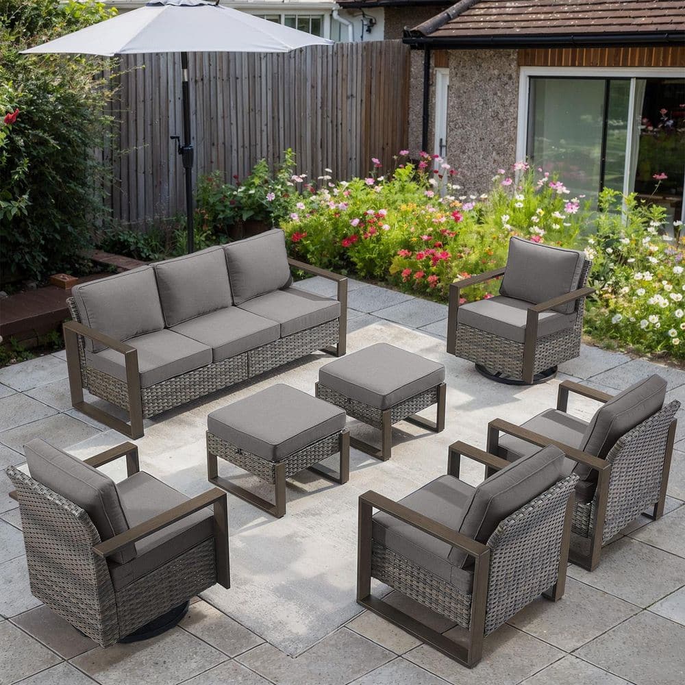 Opohoro MetalWood 7-Piece Gray Wicker Patio Conversation Set with
