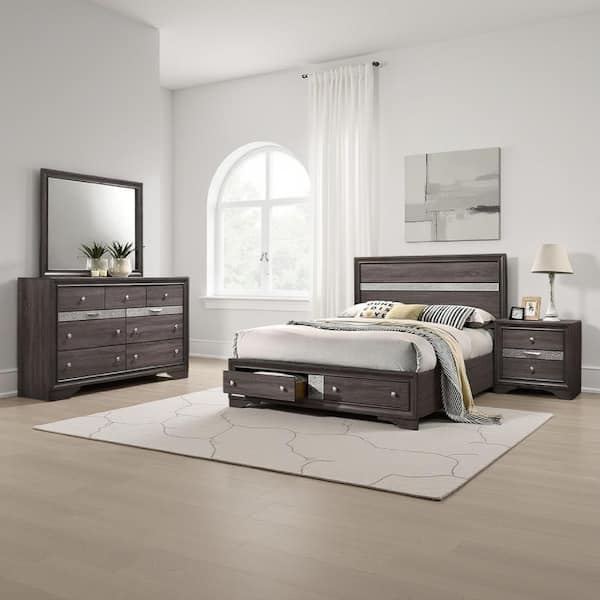 Benjara Po 4-Piece Gray and Brown Solid Wood Queen Size Silver Accented Bedroom Set