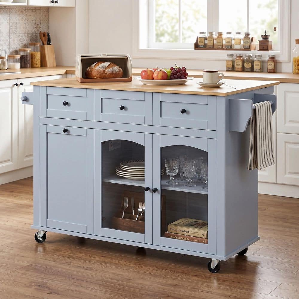 Morgan Blue Gray Wood Mobile Kitchen Cart with Glass Door, Trash Bin Cabinet, Shelves, Towel Rack, Spice Rack price history on PriceWatchPro