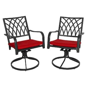 Black Metal Outdoor Dining Chairs with Red Cushions and Swivel Design (2-Pack)