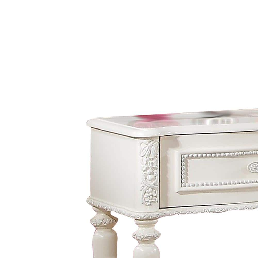 Ivory Floral Carved Wood 1-Drawer Nightstand