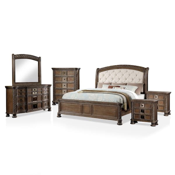 Furniture of America Nevva 6-Piece Beige and Rustic Natural Tone Queen Bedroom Set
