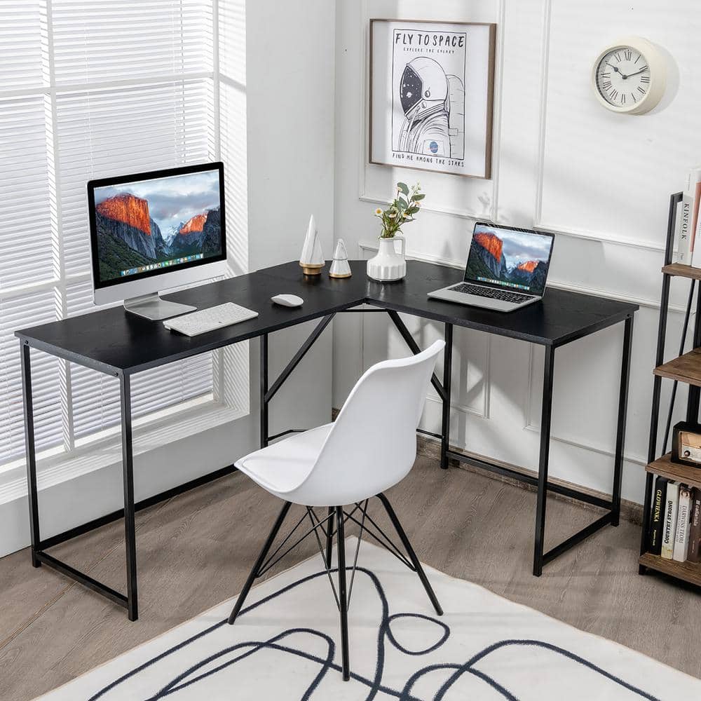 Modern L-Shaped Black Wood & Metal Corner Computer Desk
