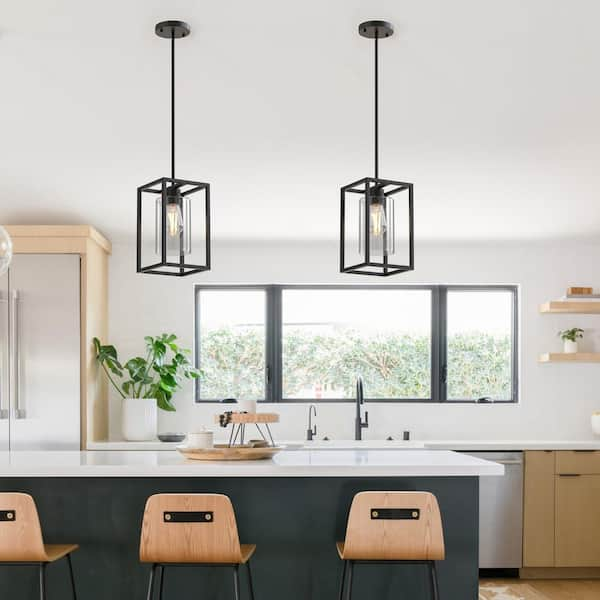 7 in. 1-Light Rectangle Black Pendant Light with Clear Glass Shade for Kitchen Island, E26 Bulbs Included (3-pack)