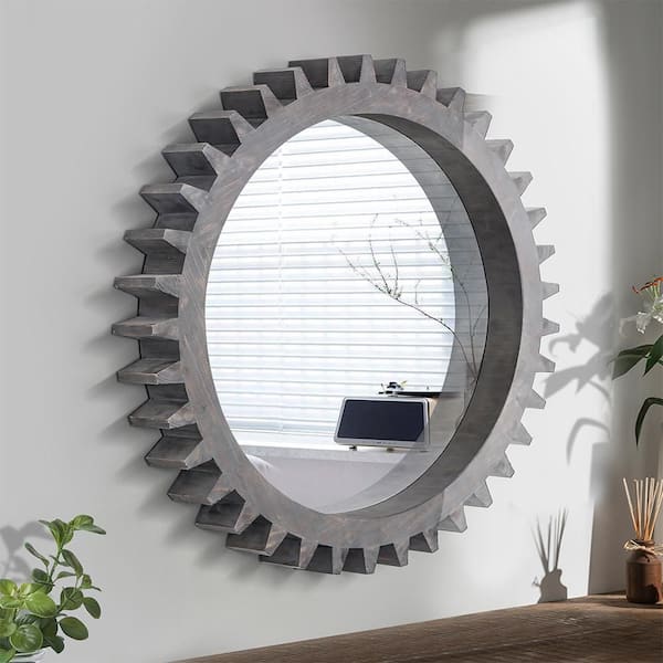 Blisstyle Dark Brown 42 in. W x 42 in. H Art Deco Round Wood Framed Mirror Wall Mirror Wall Decor Mirror