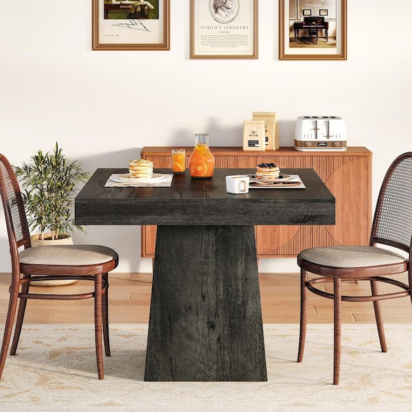 BYBLIGHT 31.5 in. Farmhouse Gray Wood Pedestal Dining Table for 4, Square Dinner Table Small Kitchen Table for Dining Room