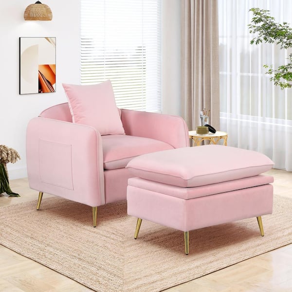 Polibi 35.2 in. Pink Velvet Accent Chair with Ottoman Foot Rest and Pillow  for Living Room,Bedroom,Office MB-PVMACORP-P - The Home Depot