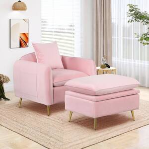 35.2 in. Pink Velvet Accent Chair with Ottoman Foot Rest and Pillow for Living Room,Bedroom,Office