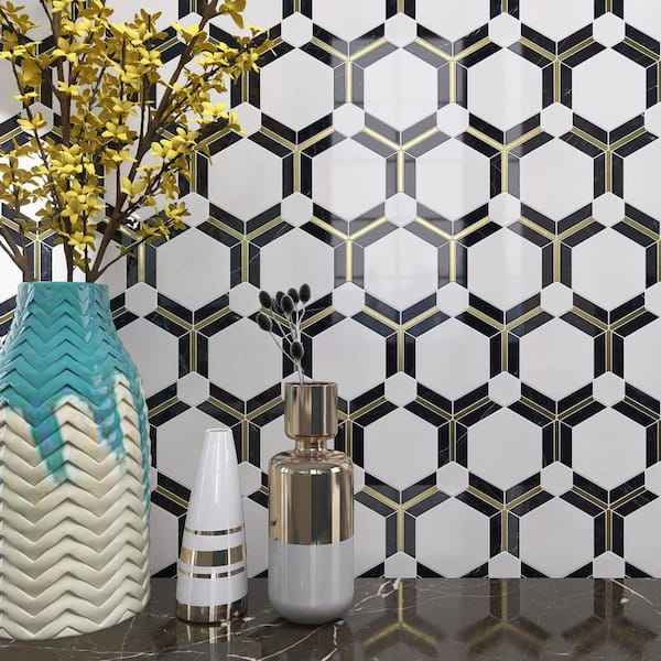Natural Dorato White Gold 11.11 in. x 9.61 in. Hexagon Polished Marble Mosaic Tile (7.5 sq. ft./Case)