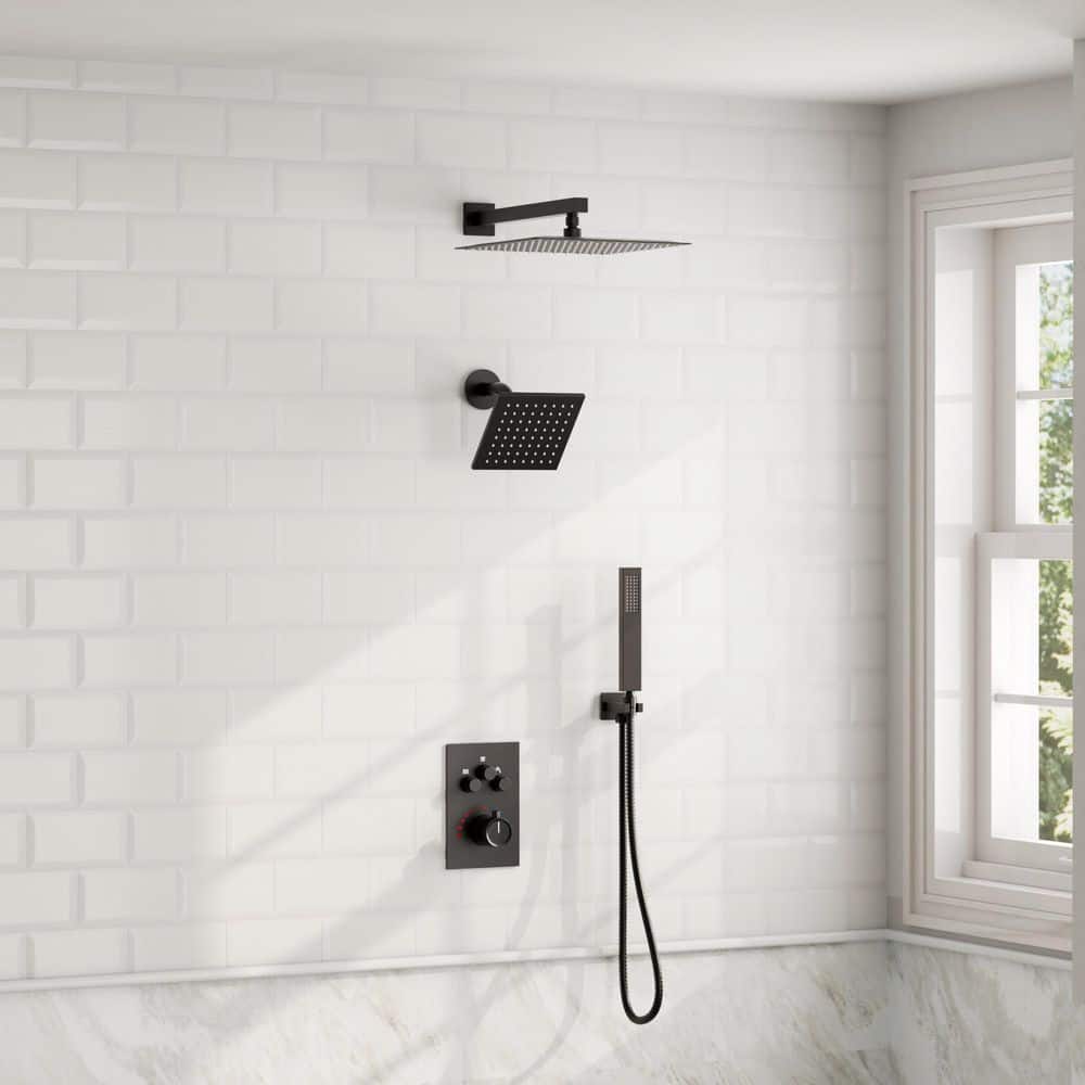 GRANDJOY Multiple Press 12 in. Triple Handle Wall Mount 7-Spray Dual Shower Head and Handheld Shower Head 2.5 GPM in Matte Black