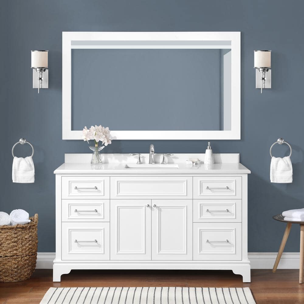 Mara 60 in. W x 36 in. H Rectangular Framed Wall Mount Bathroom Vanity Mirror in White