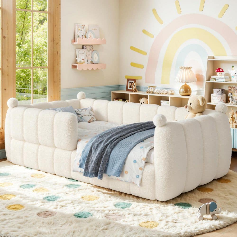 Beige Twin Kids Bed with Full Surround Safety Rails