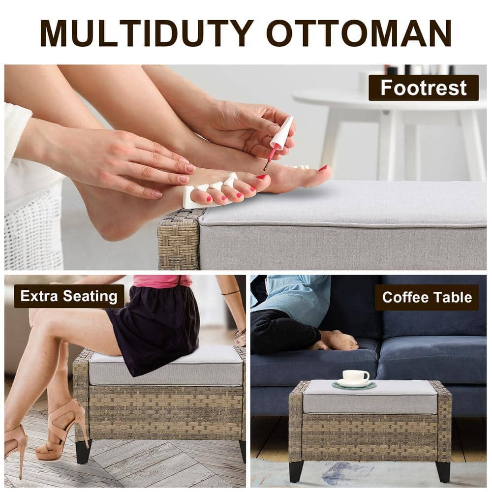 Collage showing the multi-use functions of the wicker ottoman.
