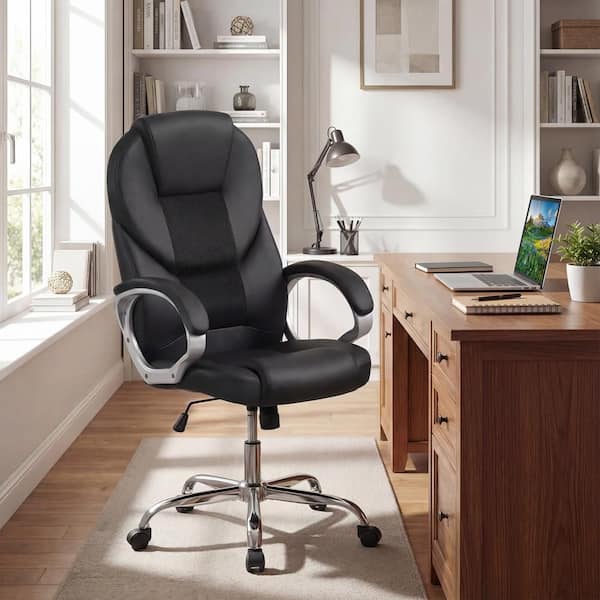 Black Leather Ergonomic Mesh Executive Chair with Padded Armrests and Rocking Backrest, Wheels