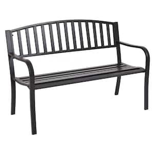 2-Person Black Metal Outdoor Bench with Metal Slat Back and Armrest