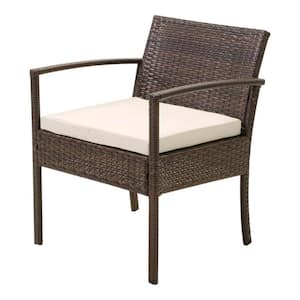3 Pieces Wicker Patio Conversation Seating Set, 2-Arm Chairs and 1-Coffee Table, with Beige Cushions, for Garden
